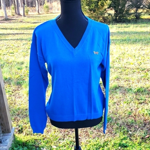 RETRO Fox blue V neck sweater Small - Picture 1 of 5